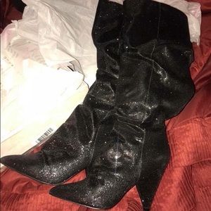 Black sparkle boot with narrow heel